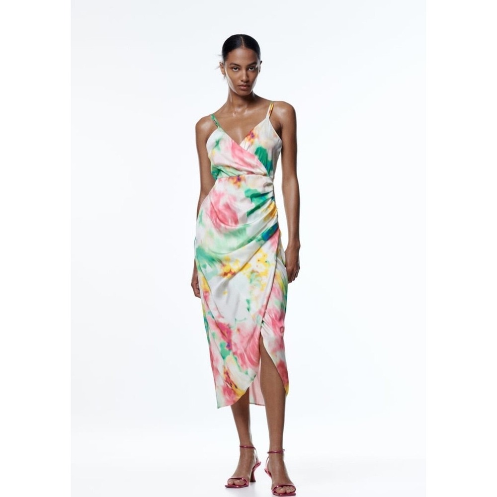 Zara Watercolor Floral Print Satin Midi Dress Multi Color Wrap V-Neck NWT
